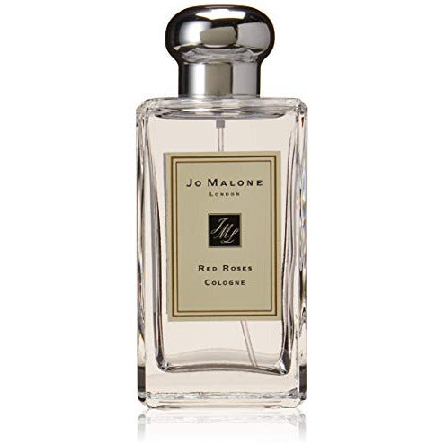 A sleek glass bottle of Jo Malone Red Roses Eau de Cologne, showcasing its elegant design and floral essence.