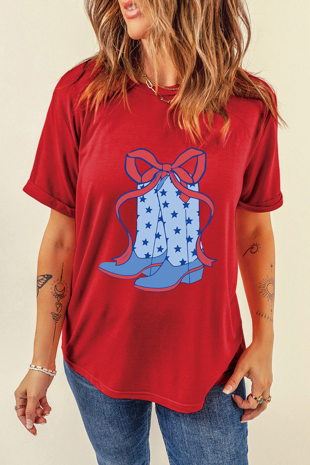 Red Western Star Boots T-Shirt featuring a stylish bow knot print, perfect for casual wear.