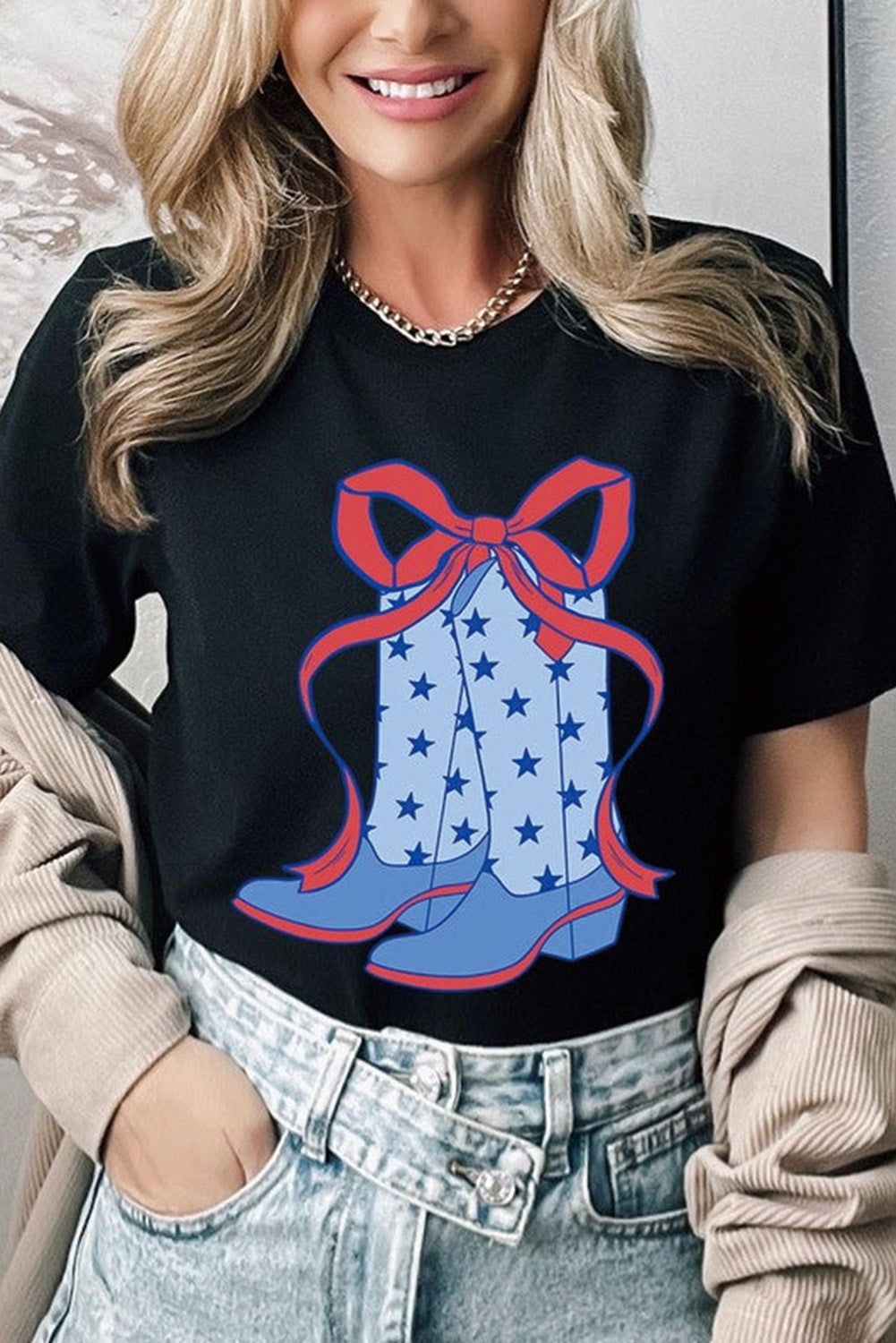 Red Western Star Boots T-Shirt featuring a stylish bow knot print, perfect for casual wear.