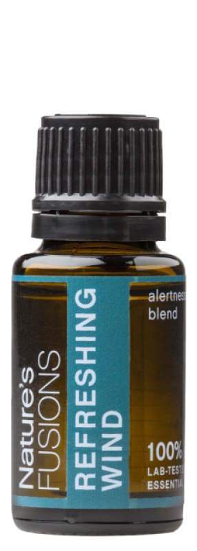 15ml bottle of Refreshing Wind Focus Blend Pure Essential Oil with a woodsy aroma for concentration and focus.