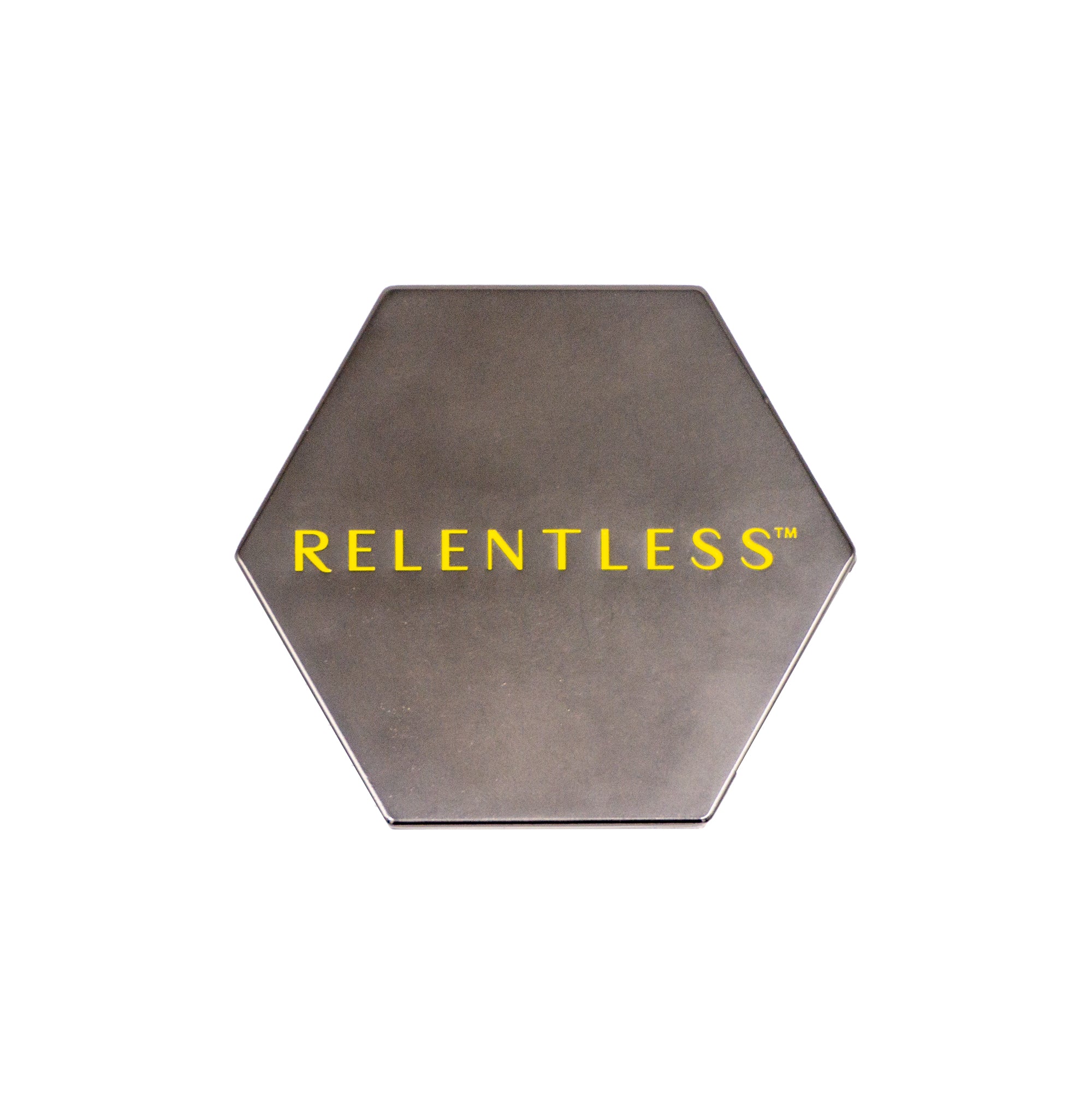 Hexagonal tin container, "RELENTLESS" text.