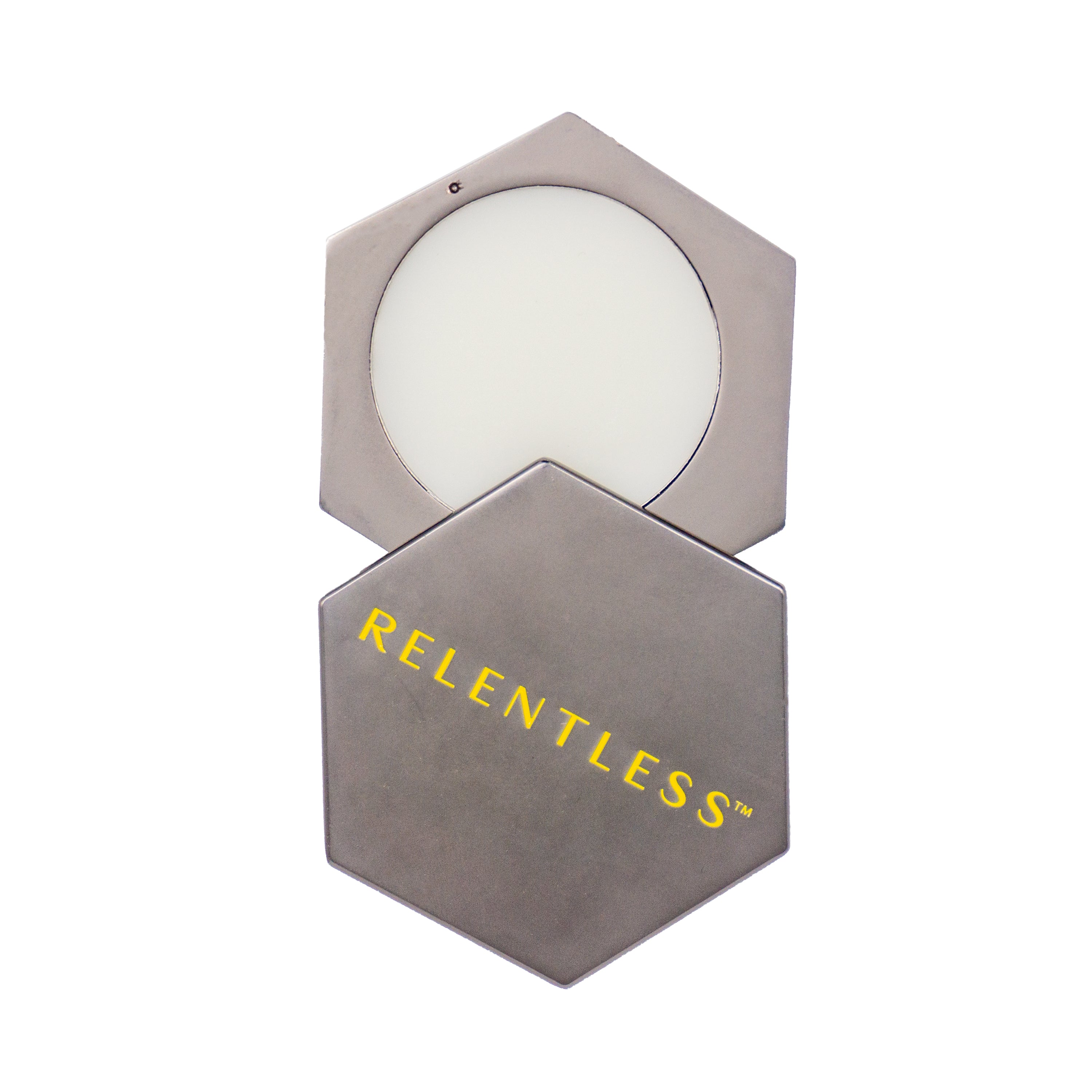 Hexagonal compact with "RELENTLESS" text.