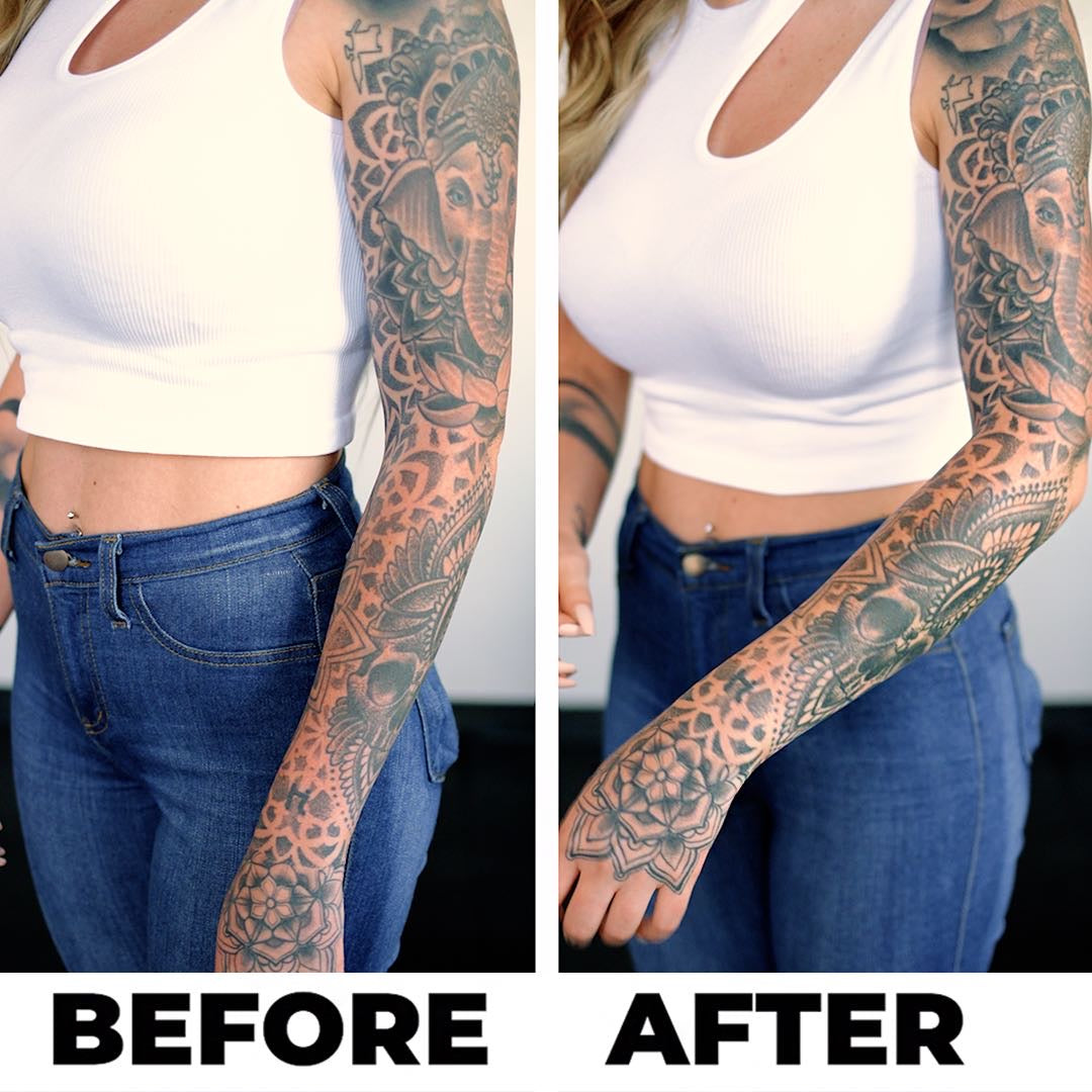 Tattoo sleeve before and after.