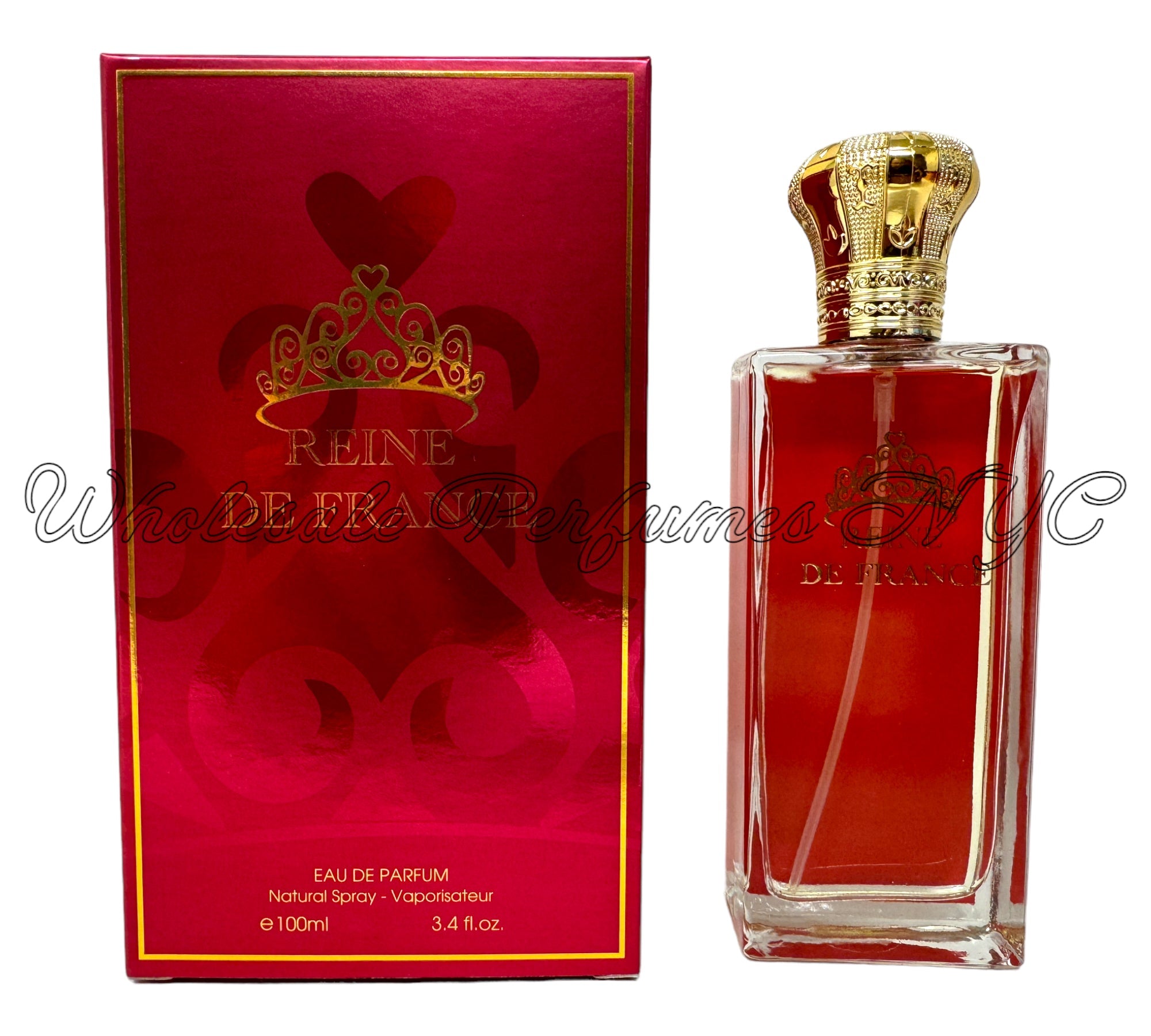 Reine de France for Women Eau de Parfum 3.4oz bottle elegantly displayed with floral accents.