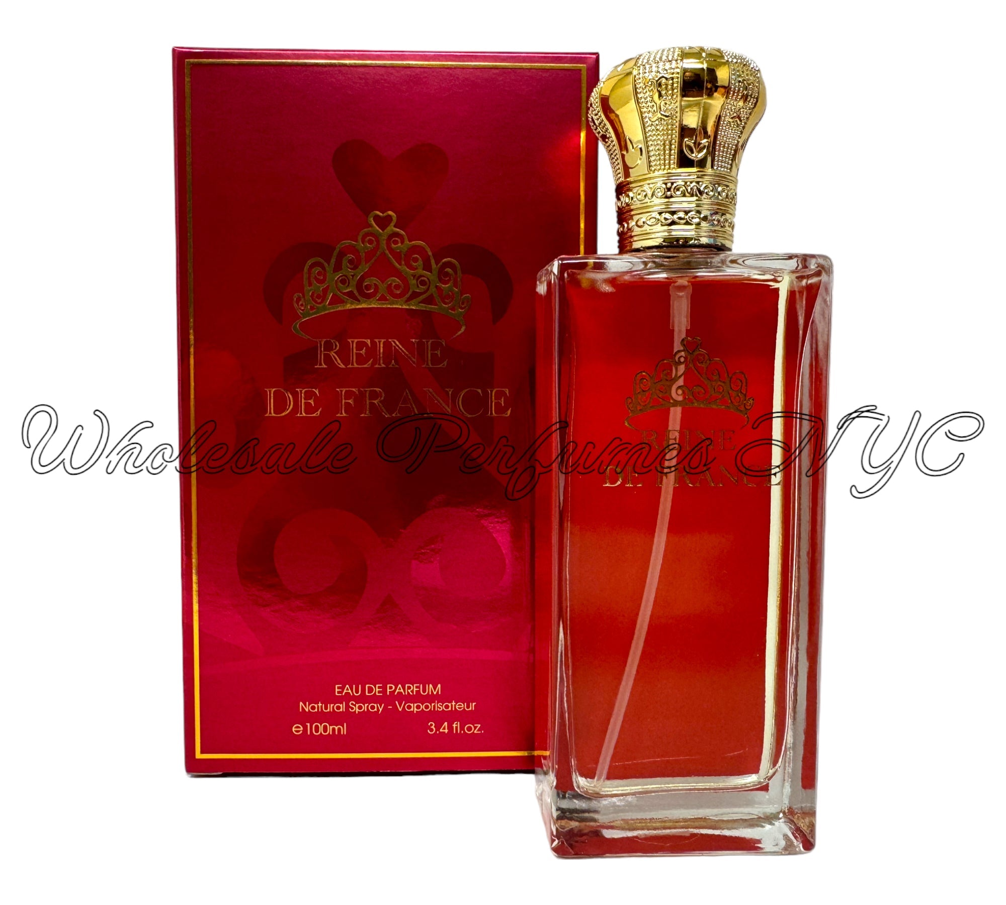 Reine de France for Women Eau de Parfum 3.4oz bottle elegantly displayed with floral accents.