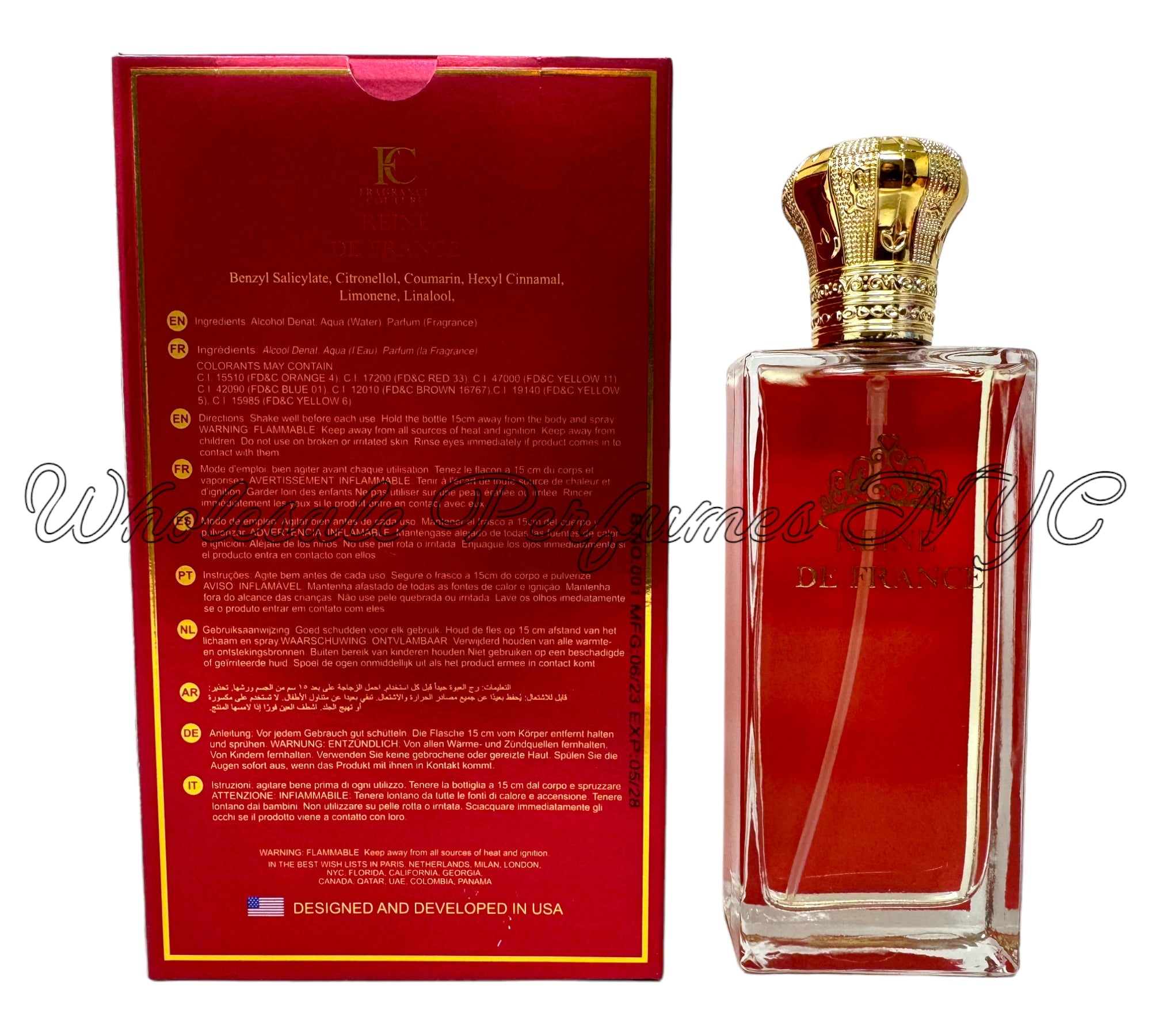 Reine de France for Women Eau de Parfum 3.4oz bottle elegantly displayed with floral accents.