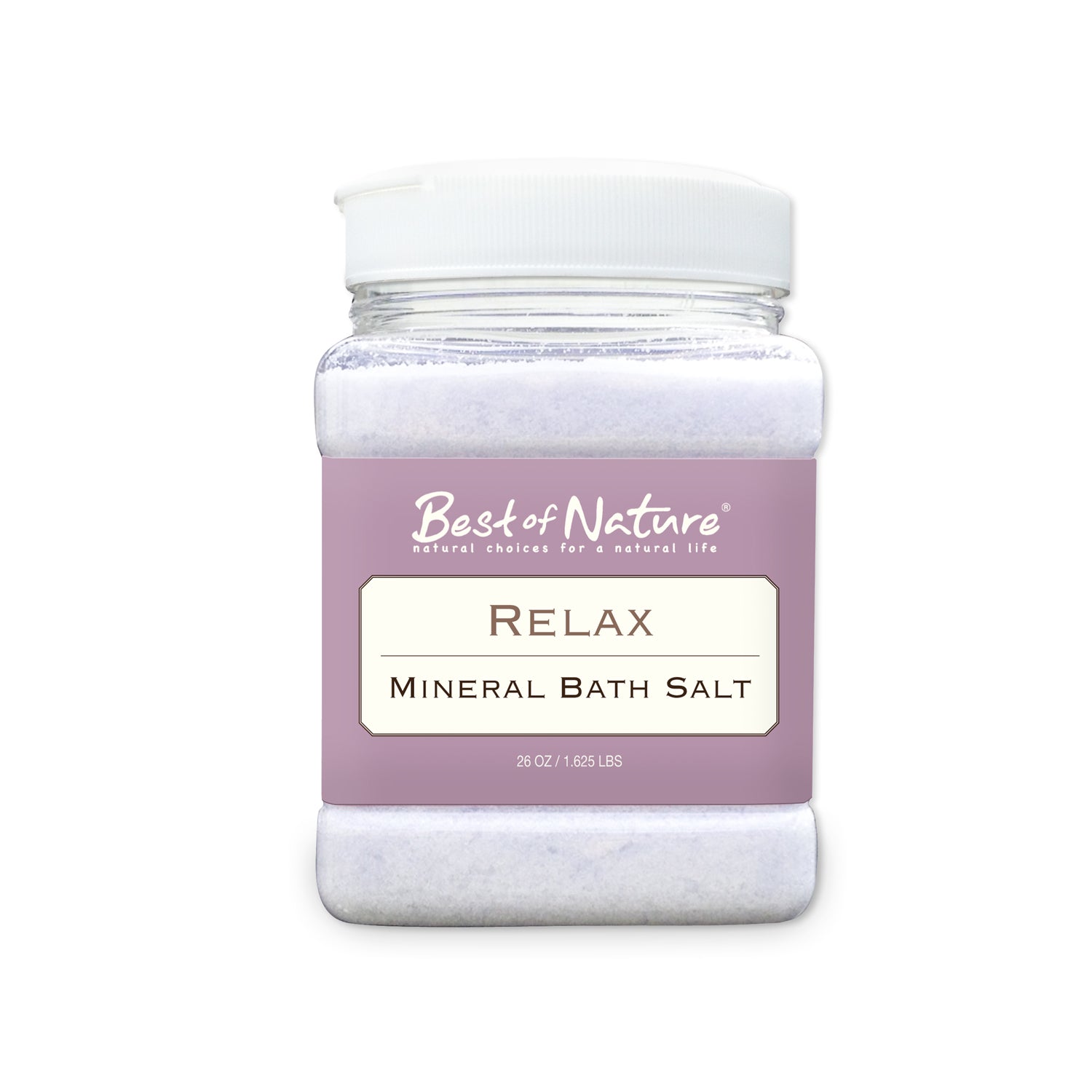 Relax Mineral Bath Salt in a shaker-top container, featuring a blend of mineral-rich salts and essential oils for a calming bath experience.