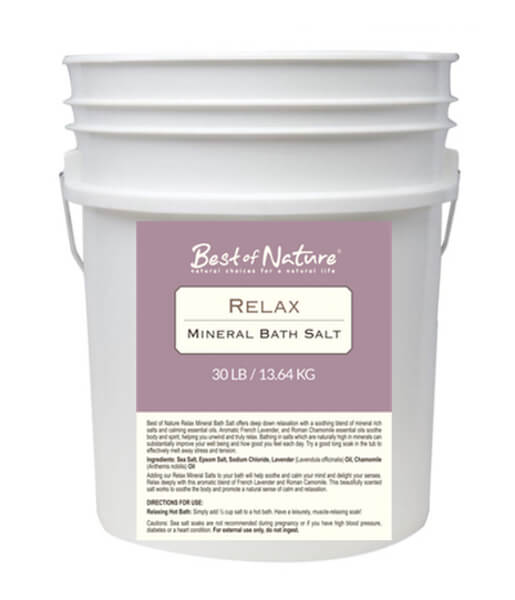 Relax Mineral Bath Salt in a shaker-top container, featuring a blend of mineral-rich salts and essential oils for a calming bath experience.