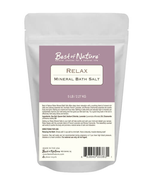 Relax Mineral Bath Salt in a shaker-top container, featuring a blend of mineral-rich salts and essential oils for a calming bath experience.