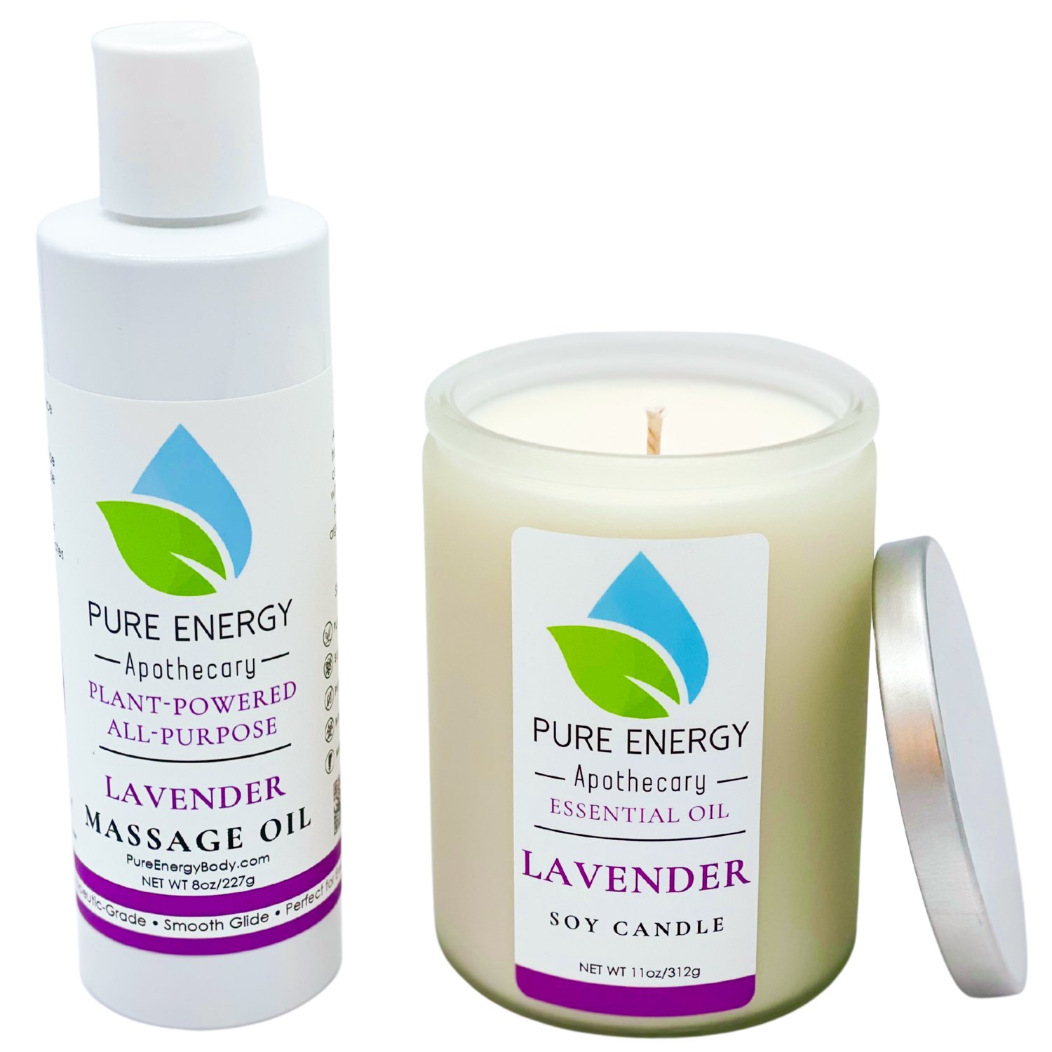 Relaxing Ritual Bundle featuring lavender massage oil and soy candle, elegantly packaged for a luxurious pampering experience.