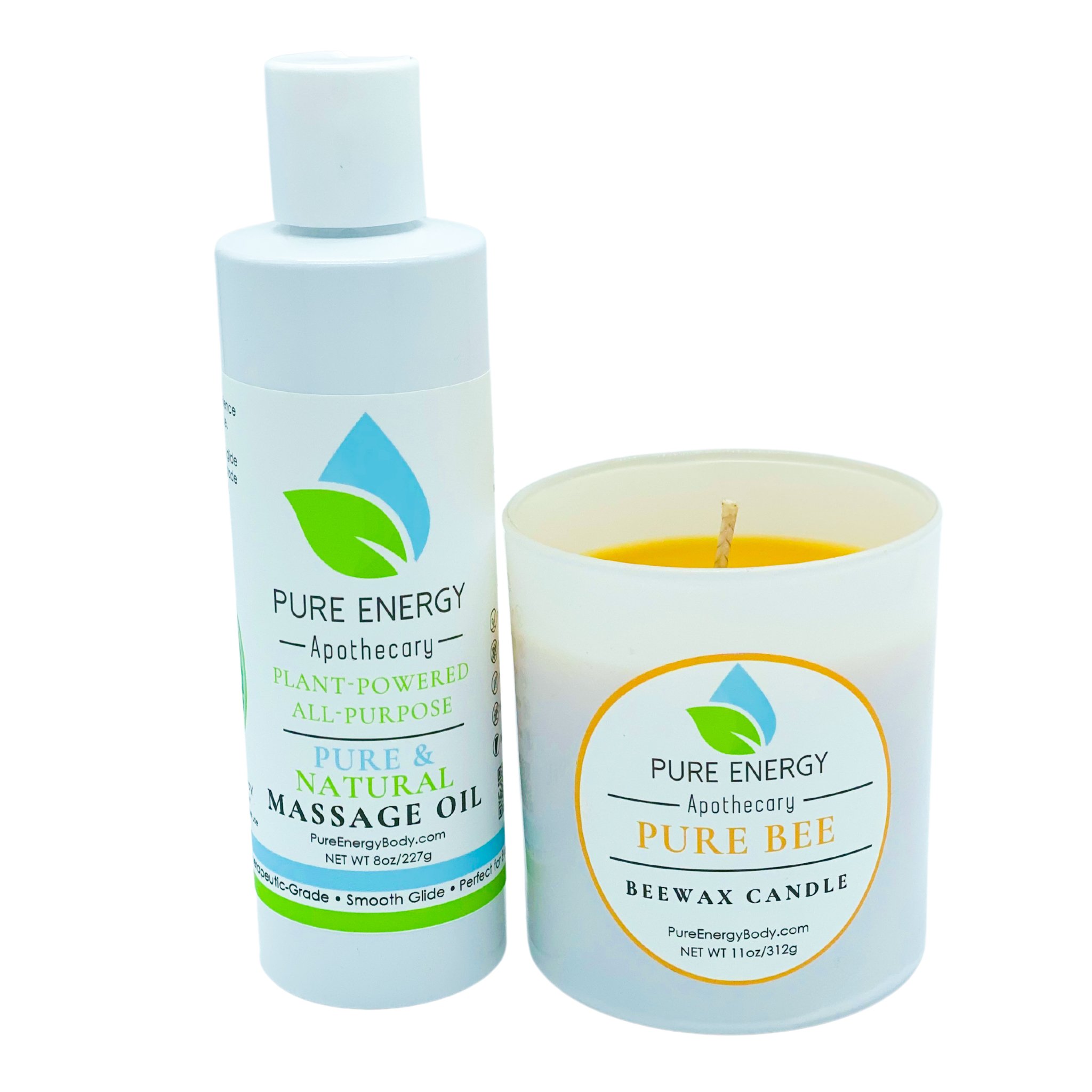 Relaxing Ritual Bundle featuring massage oil and beeswax candle, showcasing natural ingredients and luxurious packaging.