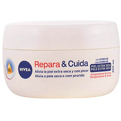 Nivea Repair & Care Body Cream in a jar, showcasing its rich texture and moisturizing properties.