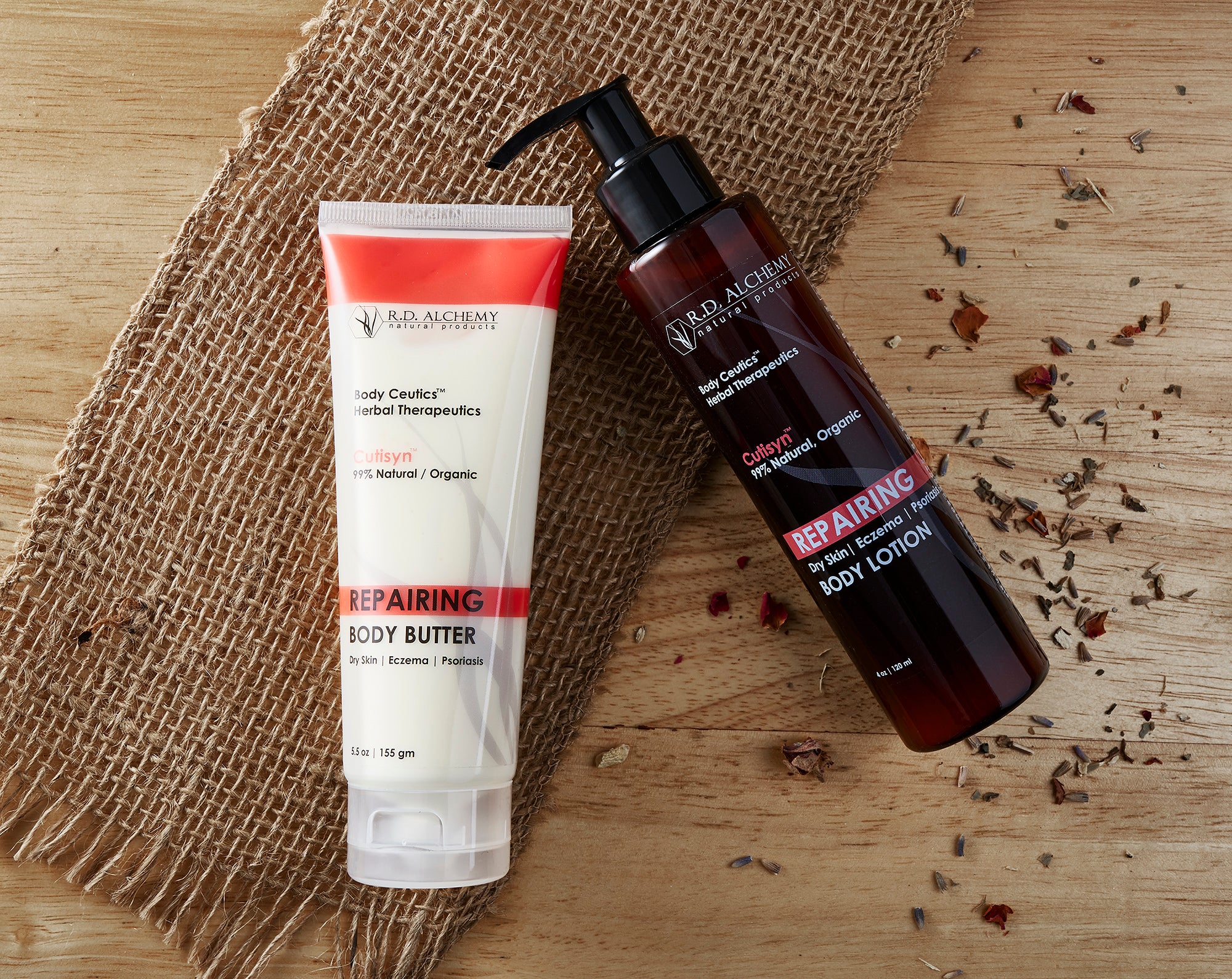 Repairing Body Care Set featuring two moisturizing products for dry skin relief, eczema, and psoriasis care.