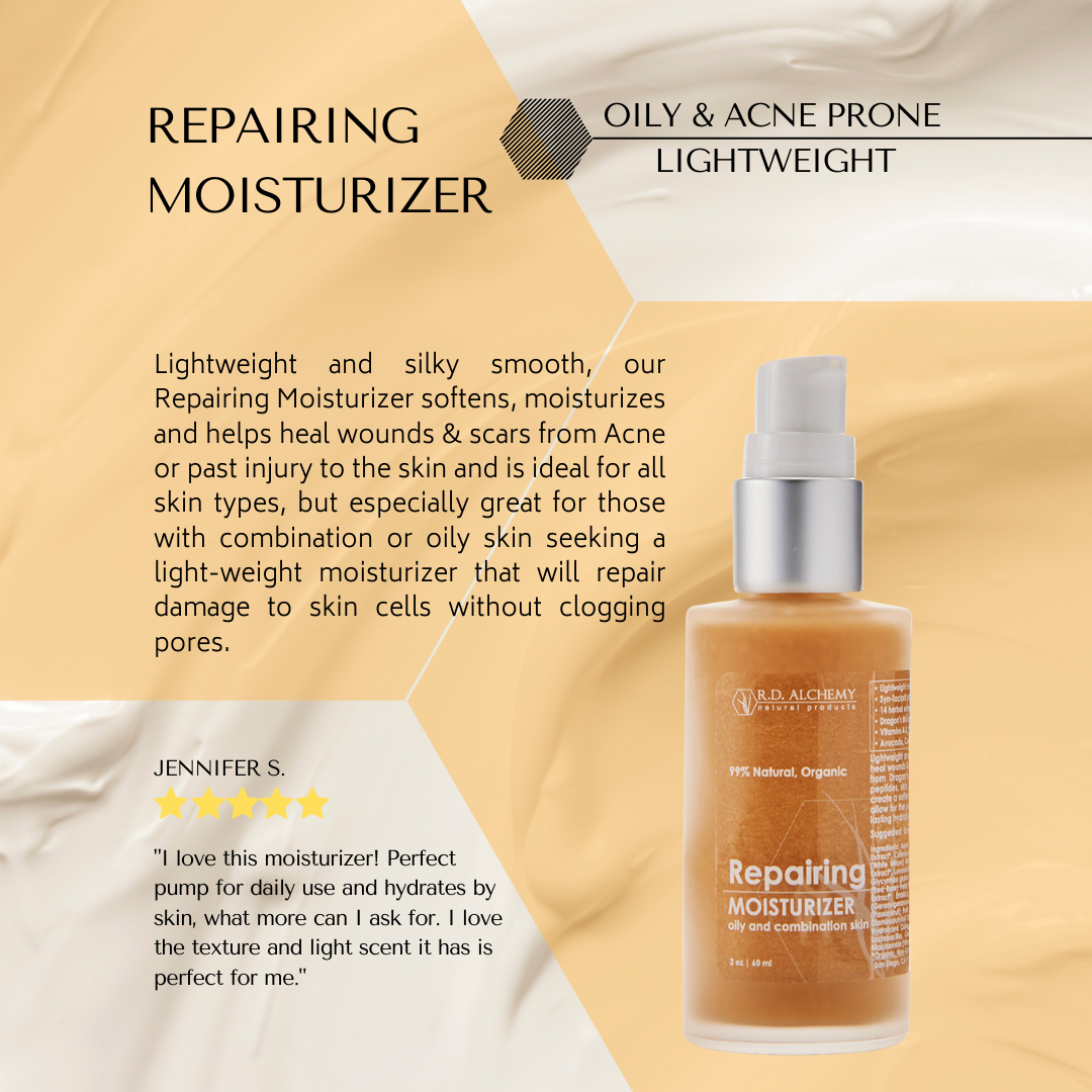 A bottle of Repairing Moisturizer with a sleek design, showcasing its lightweight and soothing formula, ideal for healing scars and fine lines.