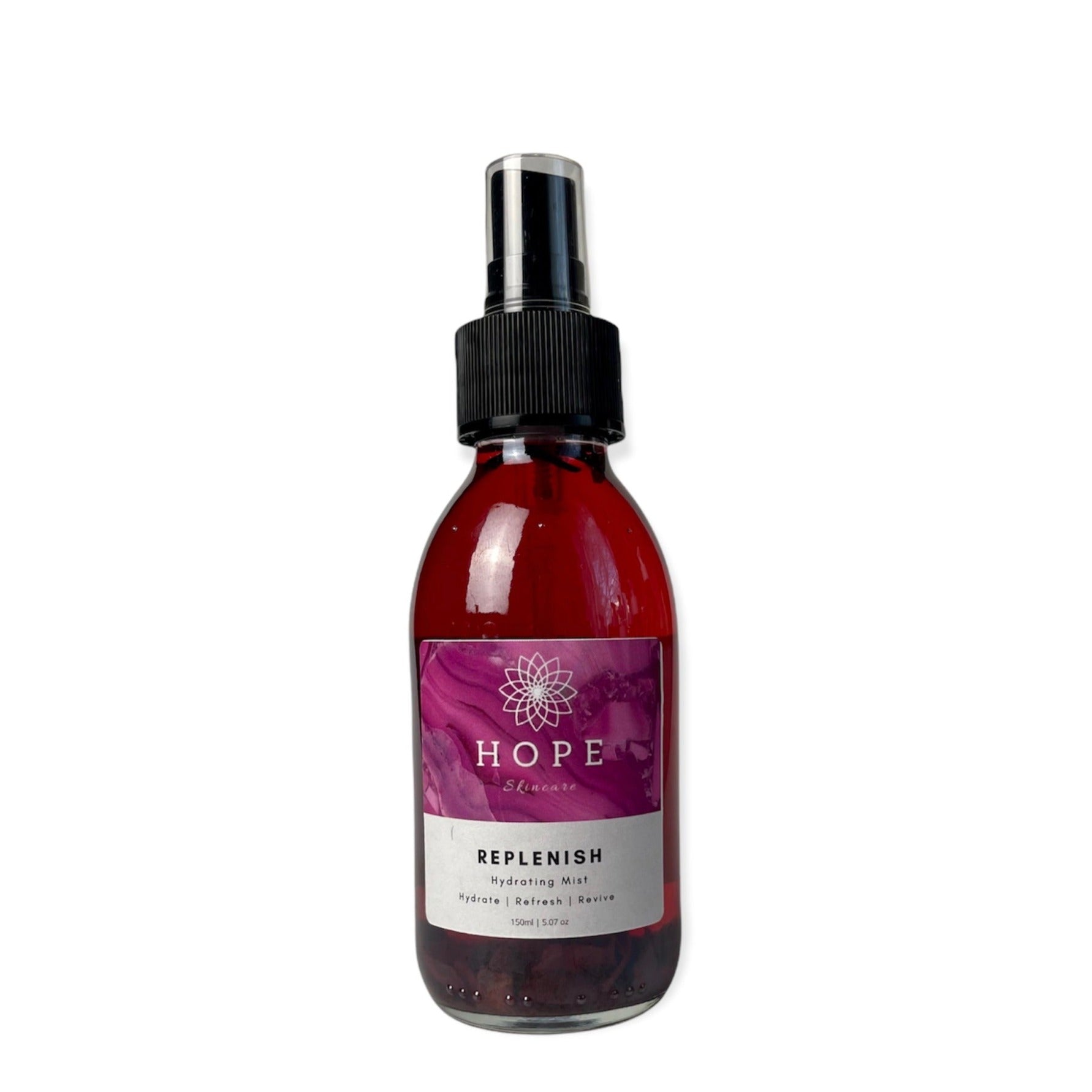 Replenish Hydrating Facial Toner bottle with floral design, showcasing its natural ingredients like Rose and Hibiscus.