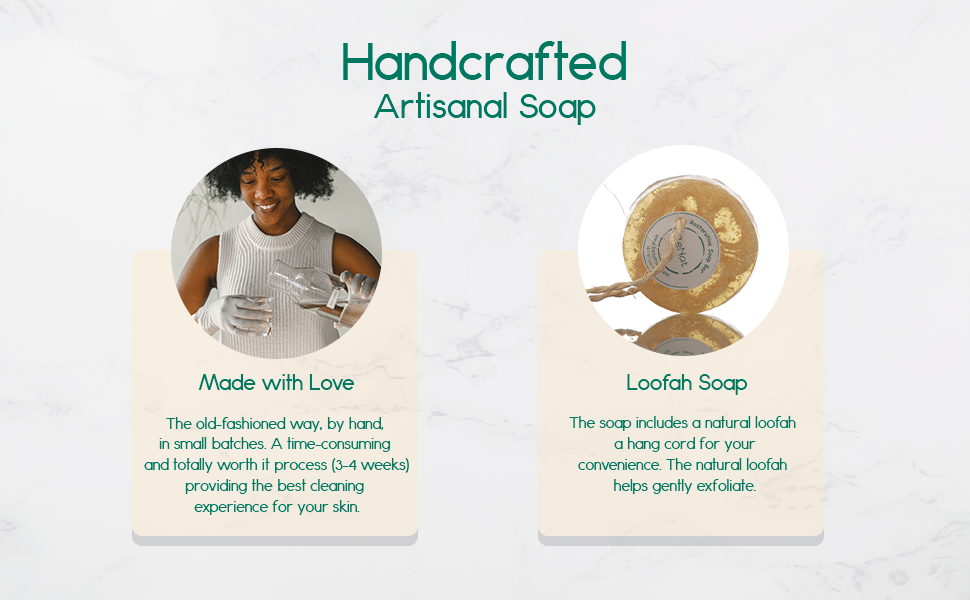 Restorative Soap Bar featuring oat, honey, and olive oil with a natural loofah for exfoliation, displayed elegantly.