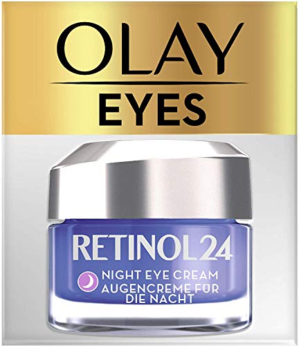 OLAY Retinol24 Night Eye Cream jar with a sleek design, showcasing its luxurious texture and packaging.