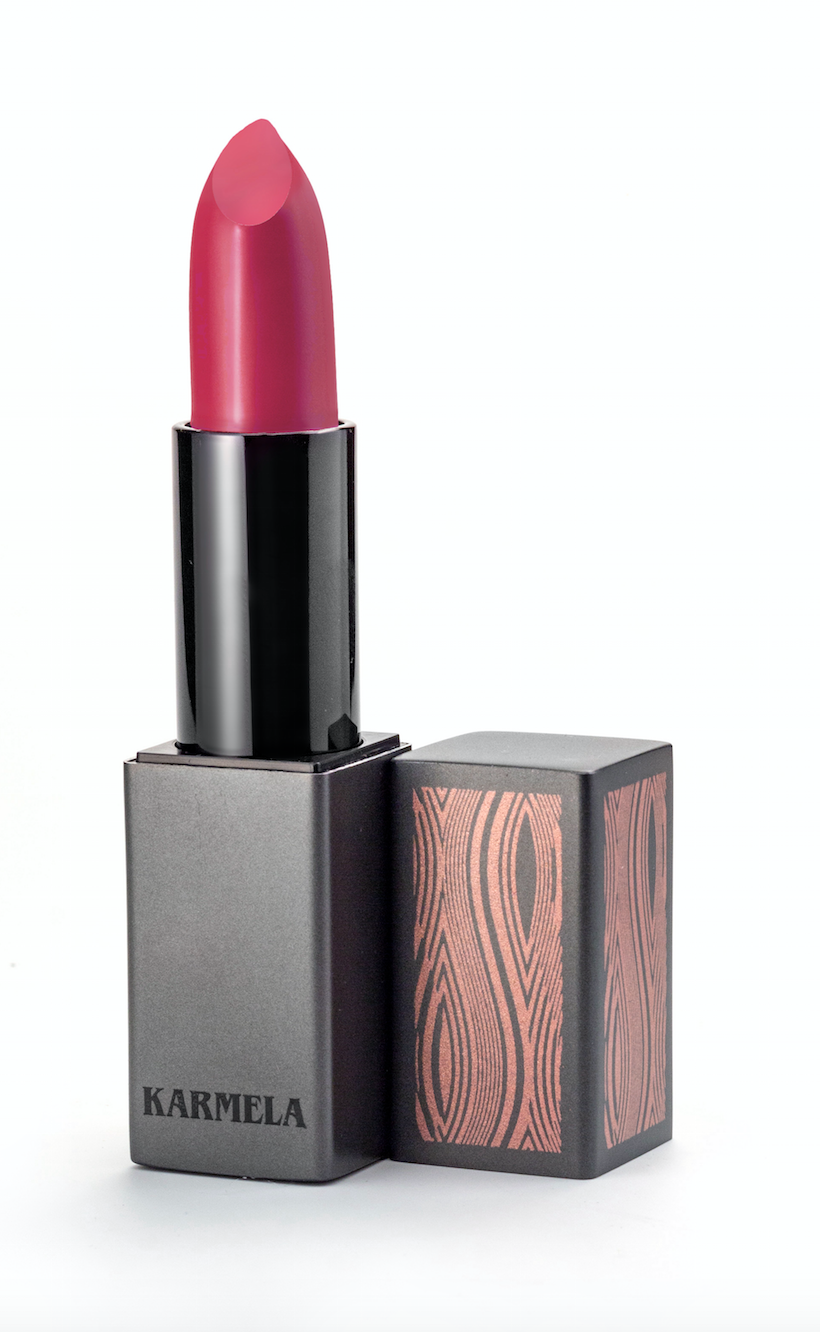 A close-up of Retro Silk-Matte Lipstick in Rose Pink, showcasing its smooth texture and vibrant color in a sleek tube.