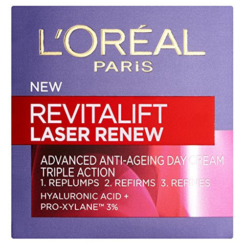 L'Oréal Revitalift Laser Renew Day Cream in a sleek jar, showcasing its rich texture and branding.