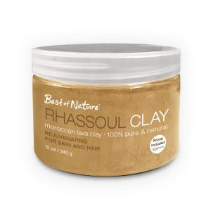 A jar of Rhassoul Clay, a natural Moroccan lava clay, with a measuring scoop, showcasing its fine texture and earthy color.