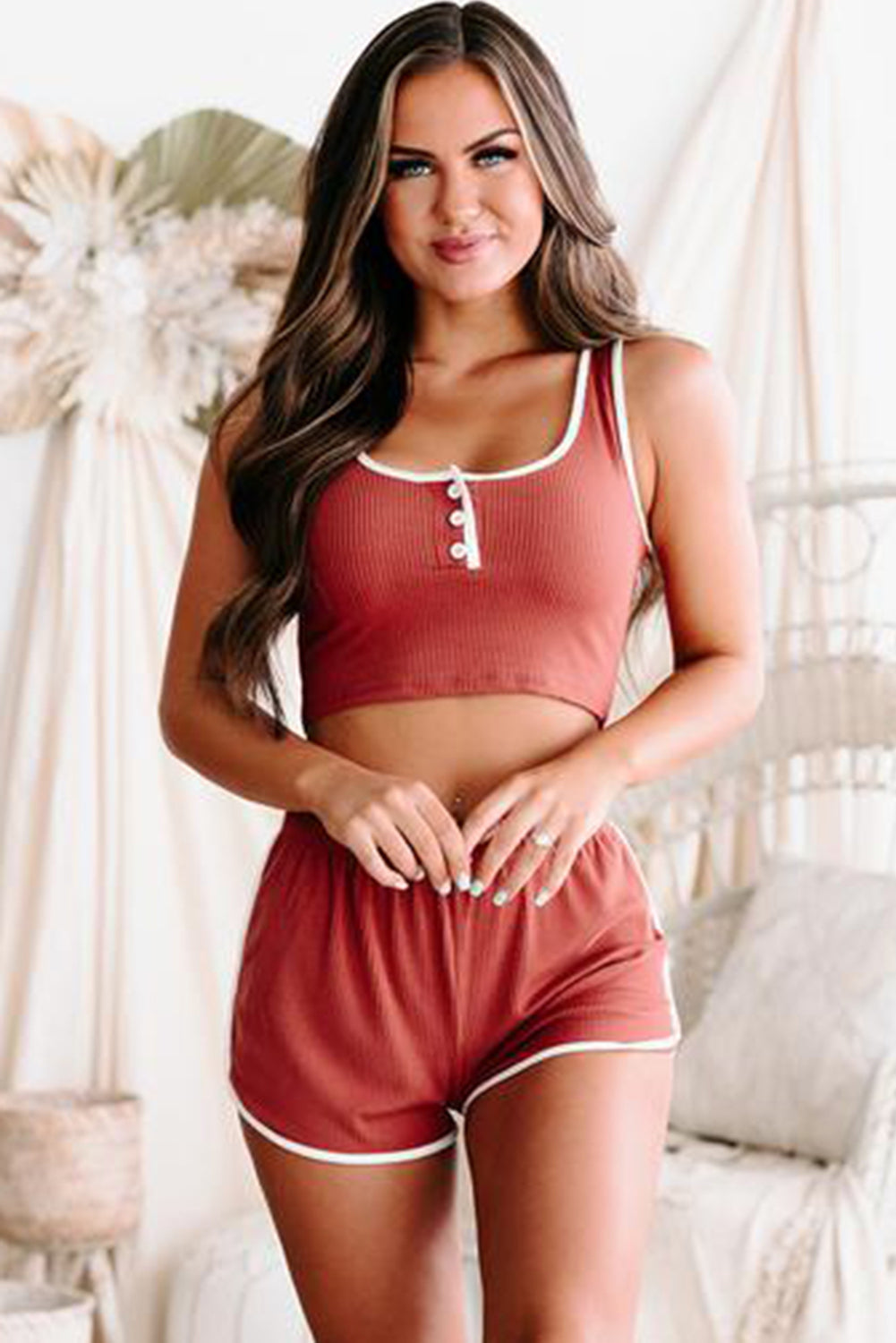 Ribbed Crop Tank and High Waist Shorts Lounge Set featuring a stylish crop top with button detail and matching high waist shorts.