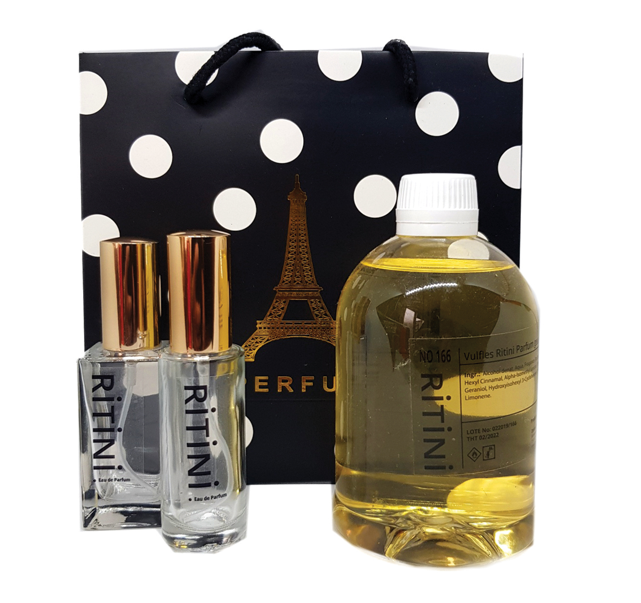 RiTiNi man 142 fragrance set featuring a 500 ml refill bottle and two empty perfume bottles, elegantly designed for easy refilling.