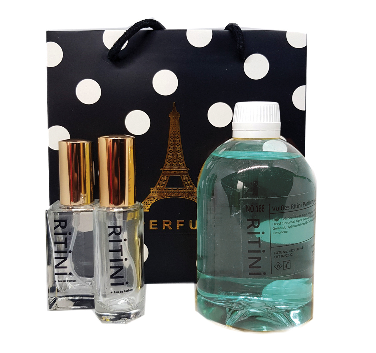 RiTiNi man 160 fragrance in a 500 ml refill bottle with two empty perfume bottles, elegantly displayed.