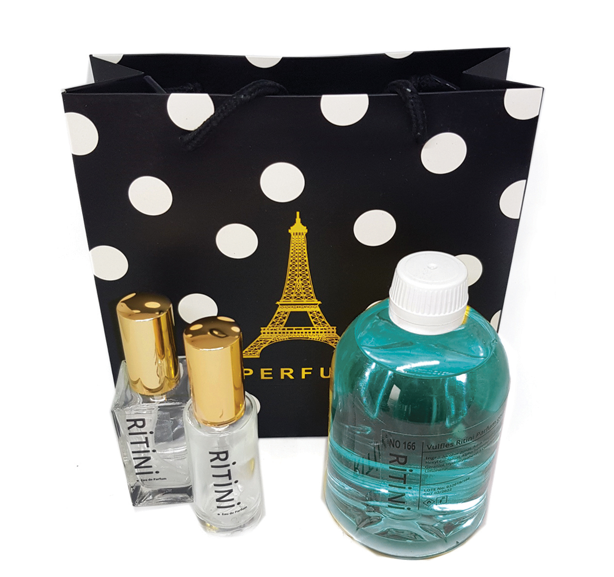 RiTiNi woman 089 OPIUM Yves perfume with a 500 ml refill bottle and two empty perfume bottles, elegantly displayed.