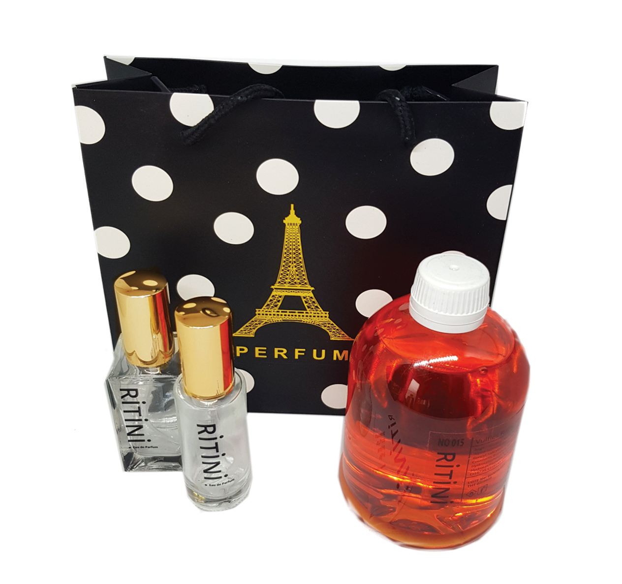 RiTiNi woman 418 Eau de Parfum 500 ml refill bottle with two empty perfume bottles, inspired by La Vie Est Belle.