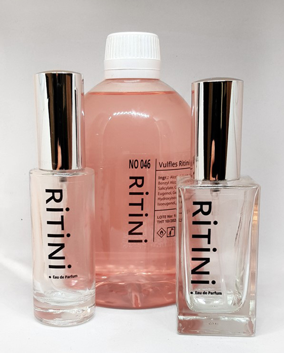 RiTiNi woman 418 Eau de Parfum 500 ml refill bottle with two empty perfume bottles, inspired by La Vie Est Belle.