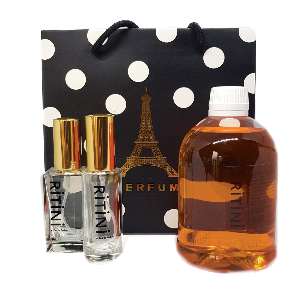 RiTiNi Woman 465 - LA NUIT TRESOR 500 ml refill bottle with two empty perfume bottles for easy refilling.