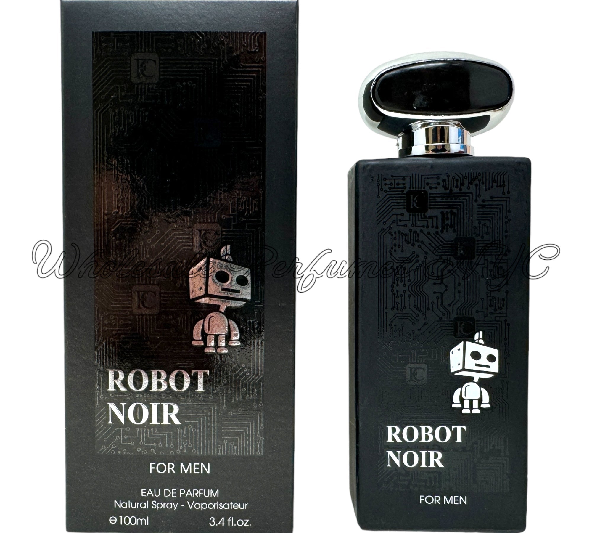 Robot Noir for Men 3.4oz Eau de Toilette Spray in a sleek bottle, part of the Fragrance Couture Collection.