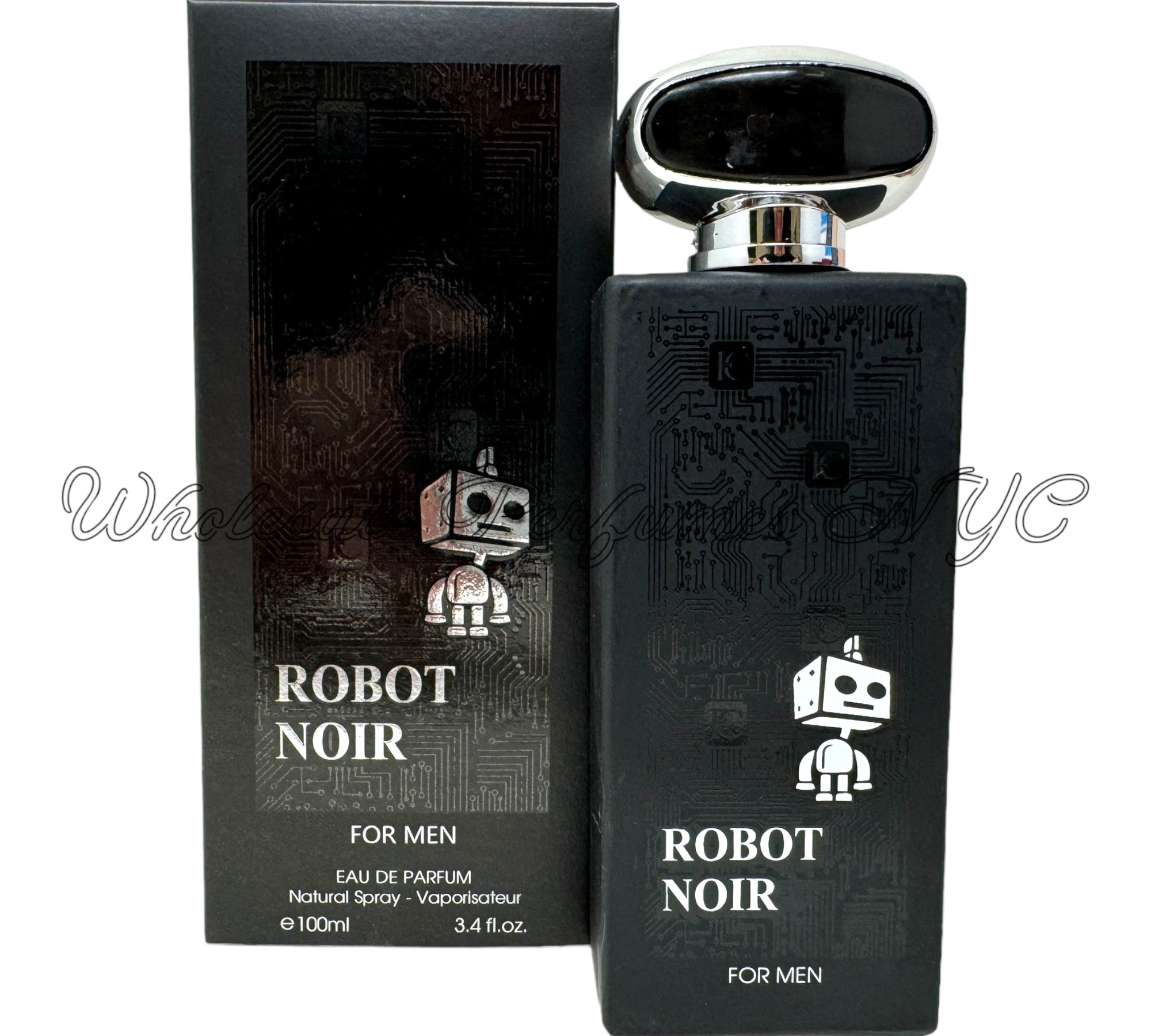 Robot Noir for Men 3.4oz Eau de Toilette Spray in a sleek bottle, part of the Fragrance Couture Collection.