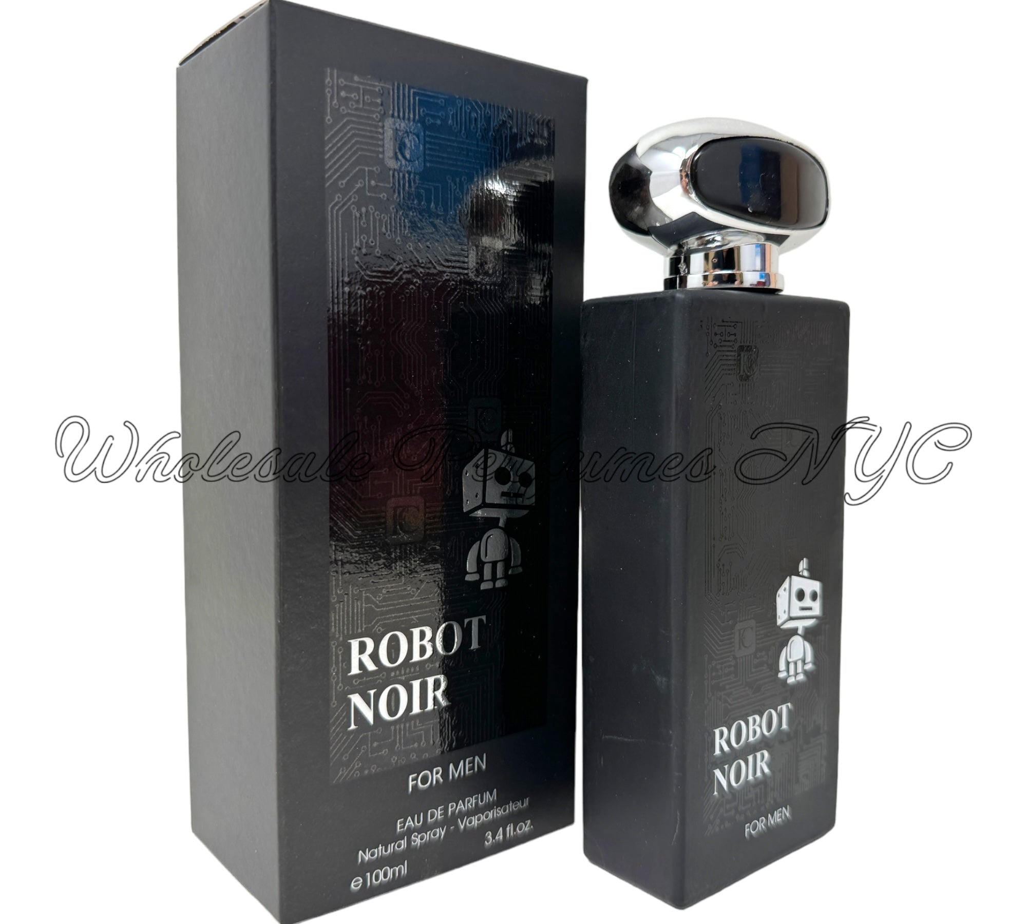 Robot Noir for Men 3.4oz Eau de Toilette Spray in a sleek bottle, part of the Fragrance Couture Collection.