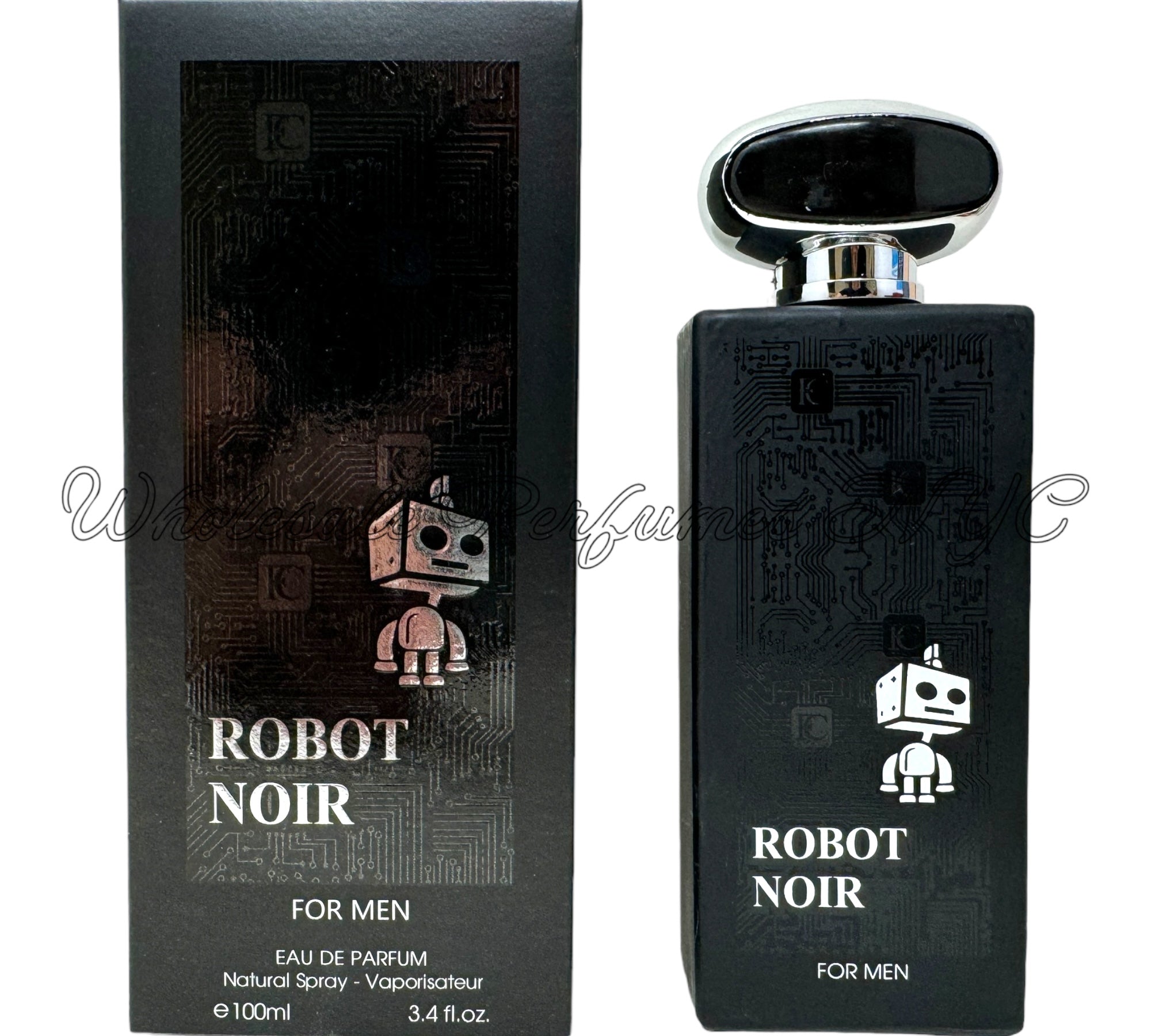 Robot Noir for Men 3.4oz Eau de Toilette Spray in a sleek bottle, part of the Fragrance Couture Collection.