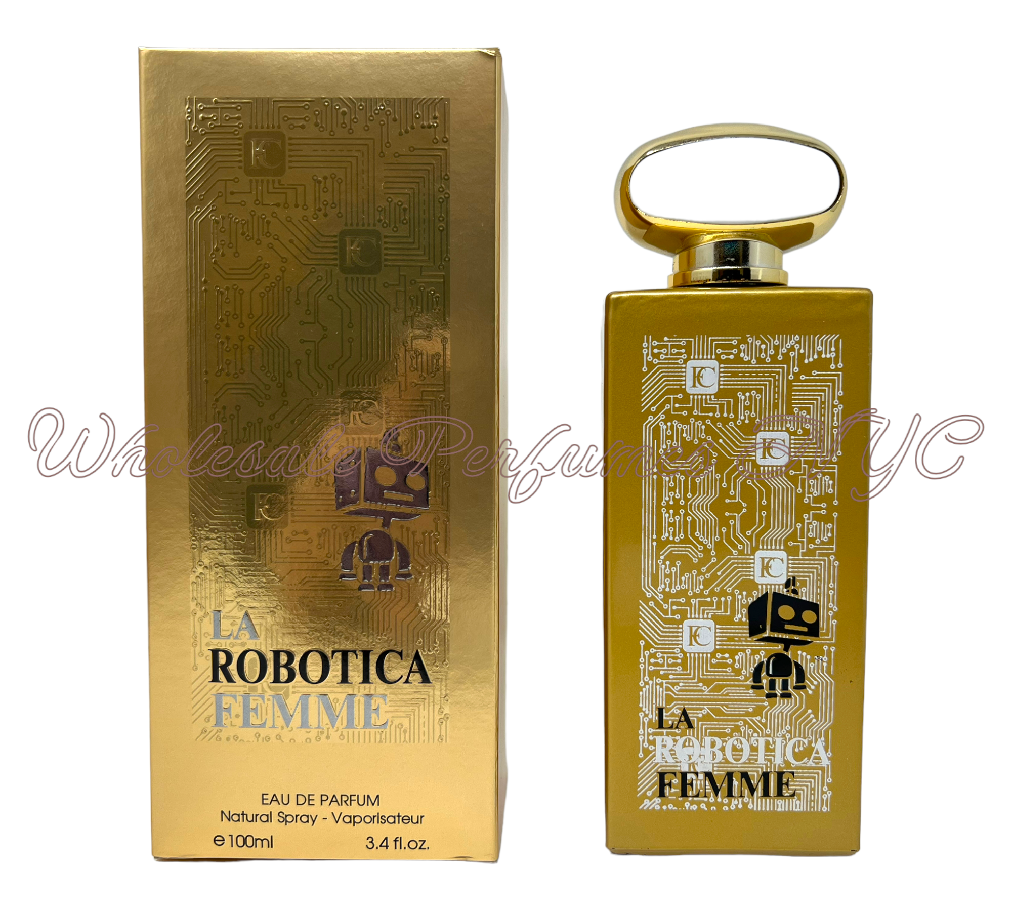 Robotica La Femme for Women Eau de Parfum 3.4oz bottle elegantly displayed with floral accents.