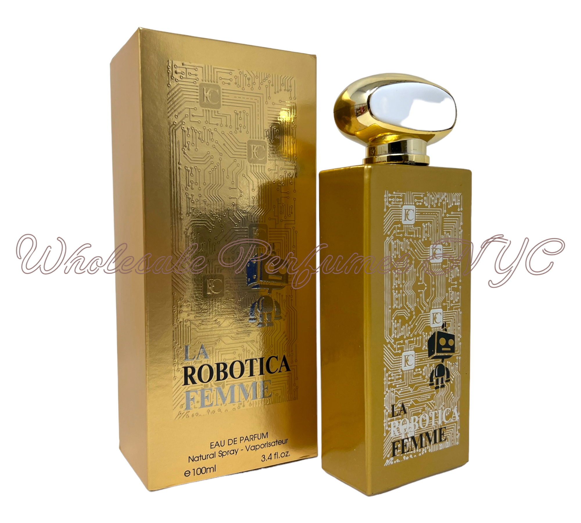 Robotica La Femme for Women Eau de Parfum 3.4oz bottle elegantly displayed with floral accents.