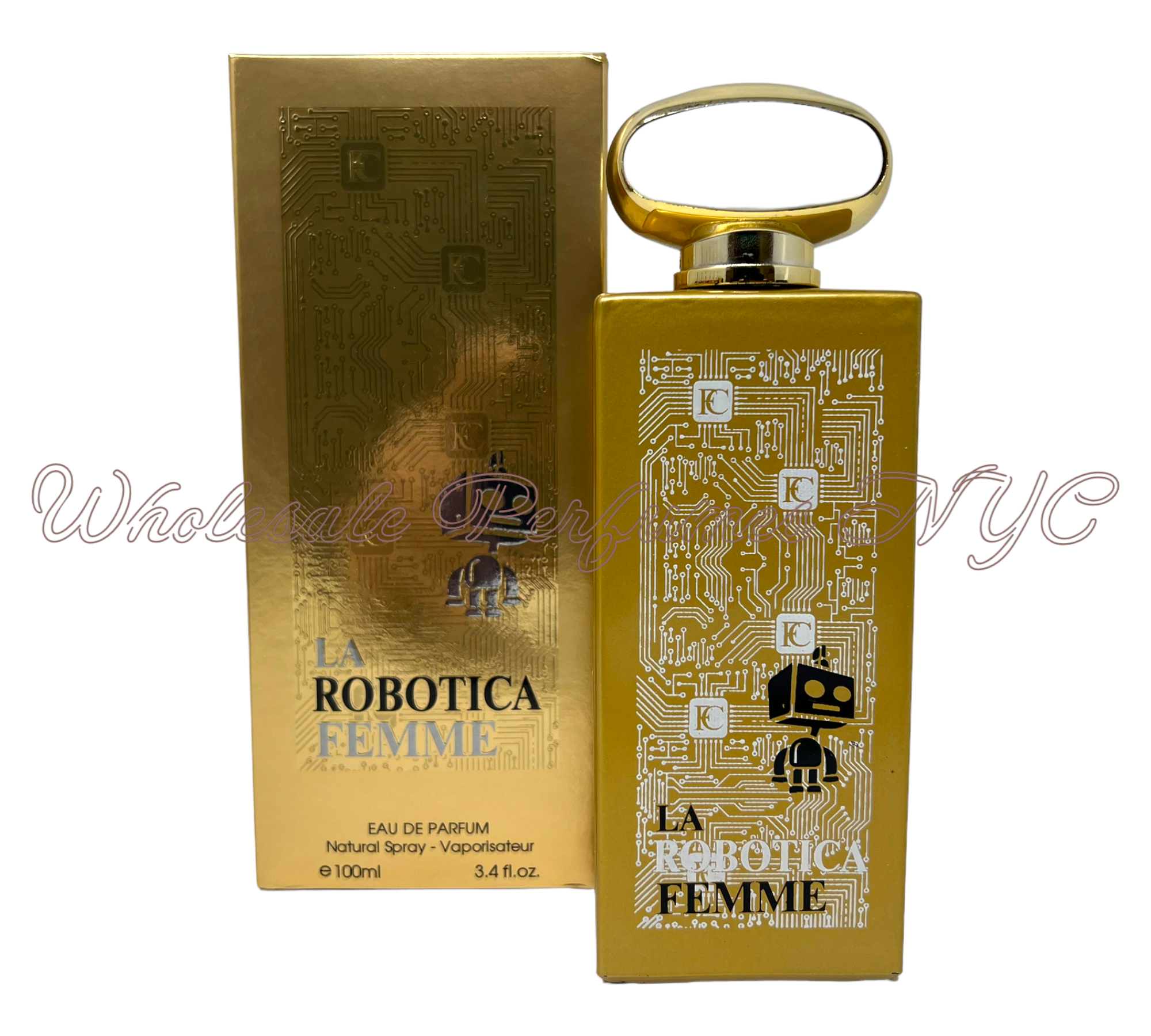 Robotica La Femme for Women Eau de Parfum 3.4oz bottle elegantly displayed with floral accents.