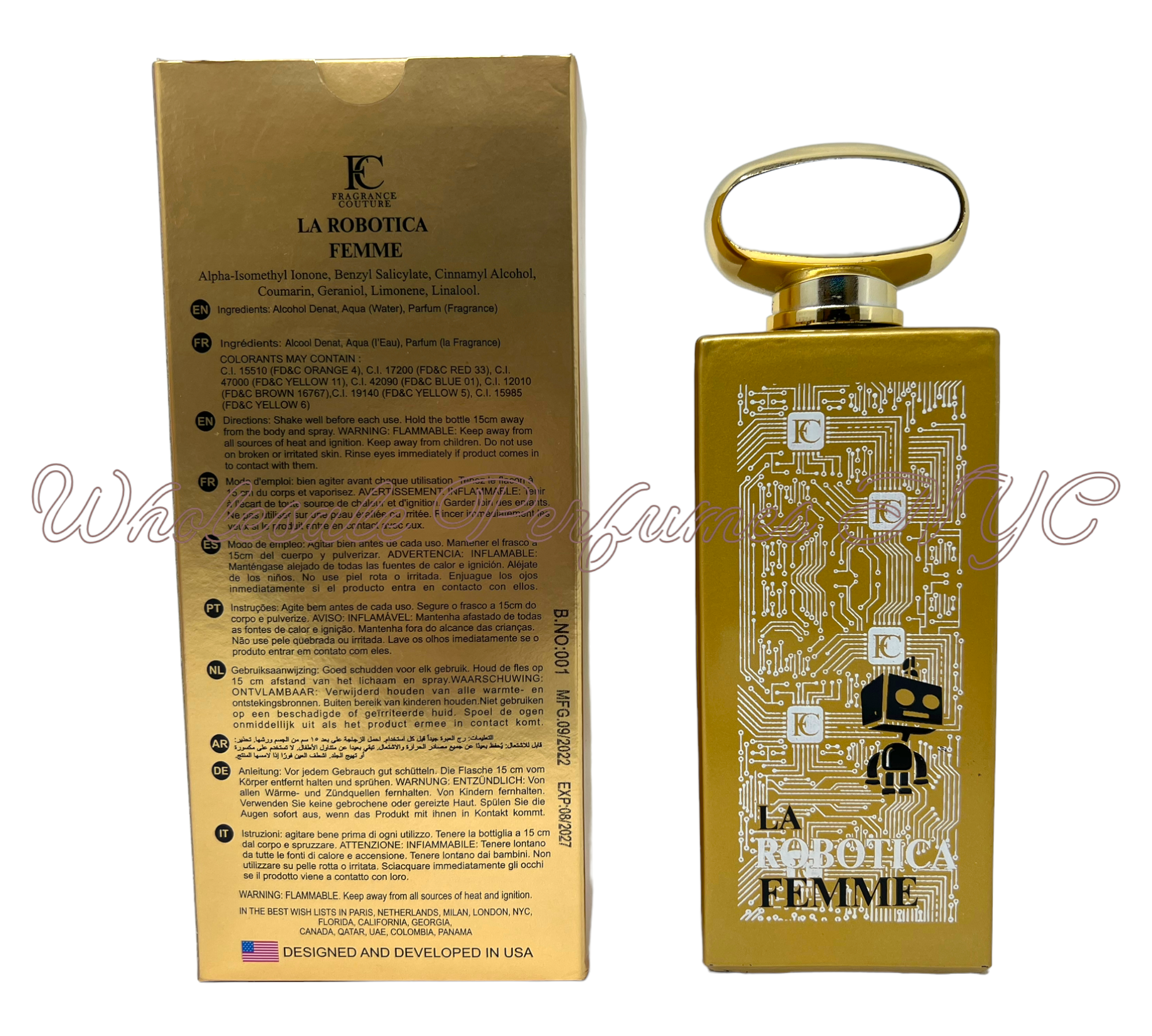 Robotica La Femme for Women Eau de Parfum 3.4oz bottle elegantly displayed with floral accents.