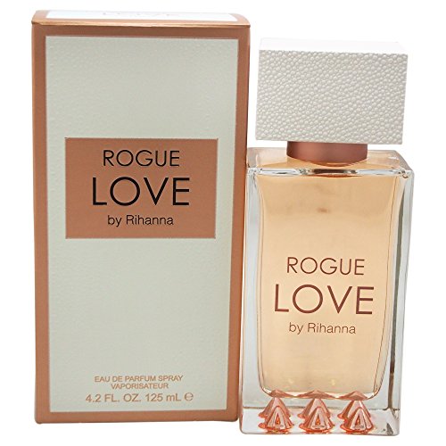 Rogue Love Eau de Parfum by Rihanna in an elegant bottle, showcasing a floral fruity gourmand fragrance with notes of peach, jasmine, and caramel.