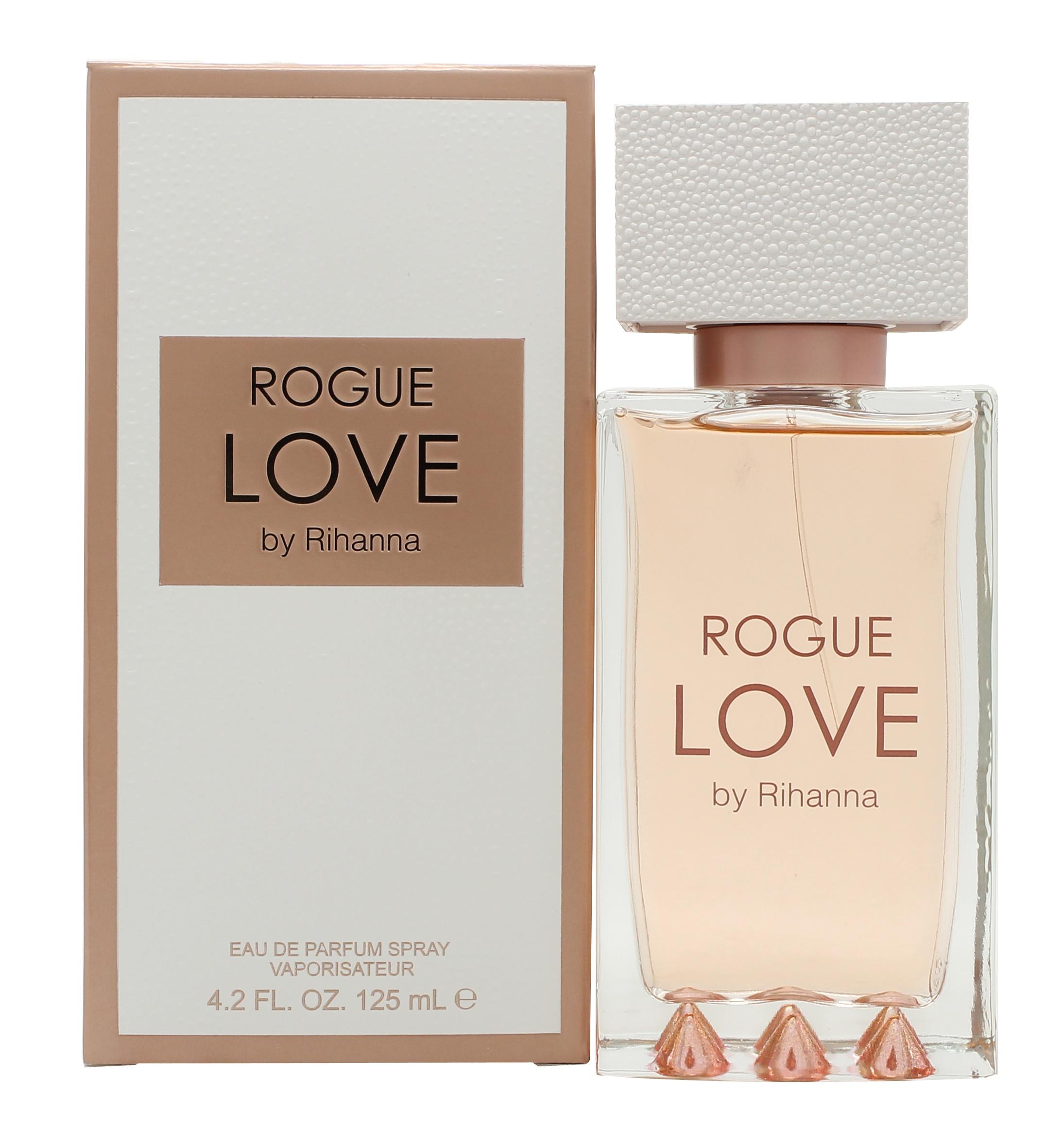 Rogue Love Eau de Parfum by Rihanna in an elegant bottle, showcasing a floral fruity gourmand fragrance with notes of peach, jasmine, and caramel.