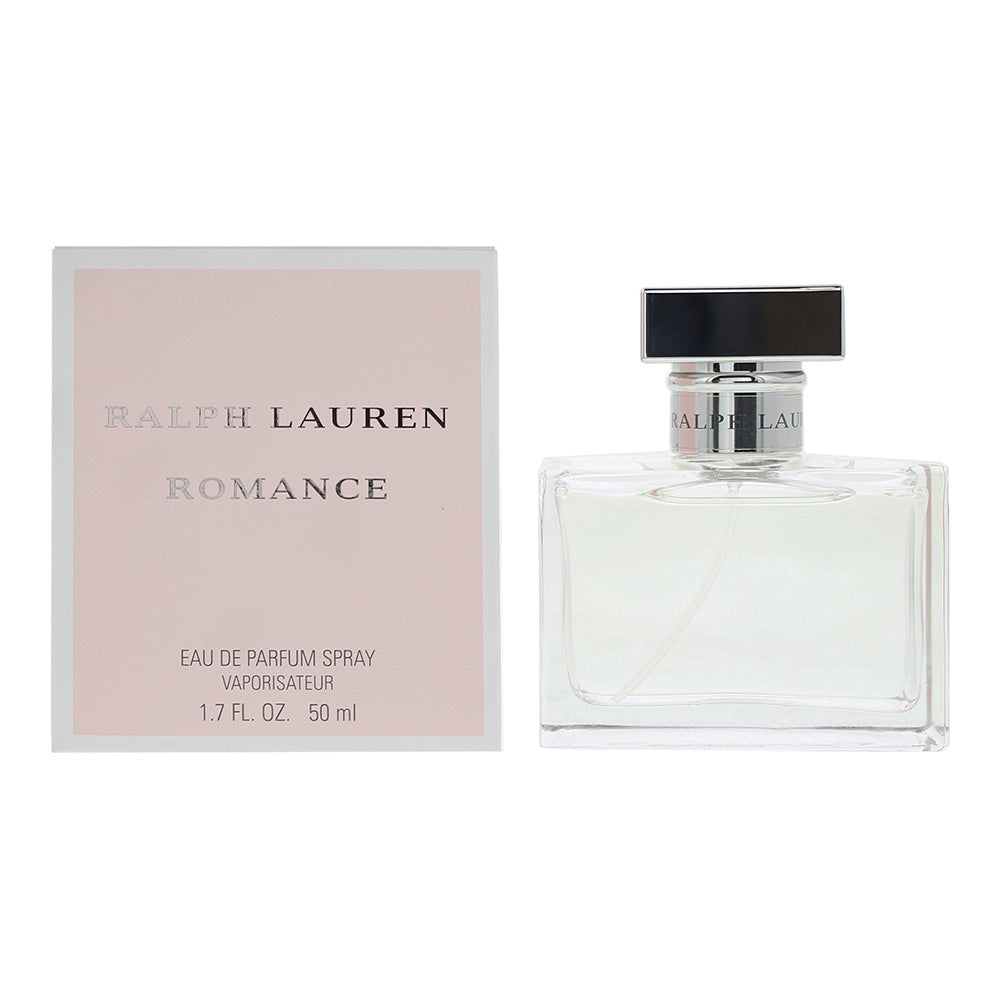 Ralph Lauren Romance Eau de Parfum bottle with elegant design and pink liquid, symbolizing romance and sophistication.