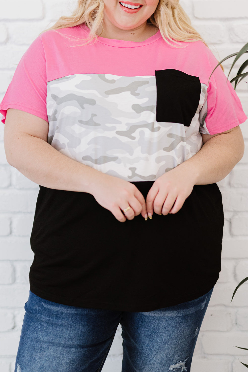 Rose Camouflage Insert Colorblock Splicing Plus Size Top featuring neon pink accents and a stylish design, perfect for casual wear.