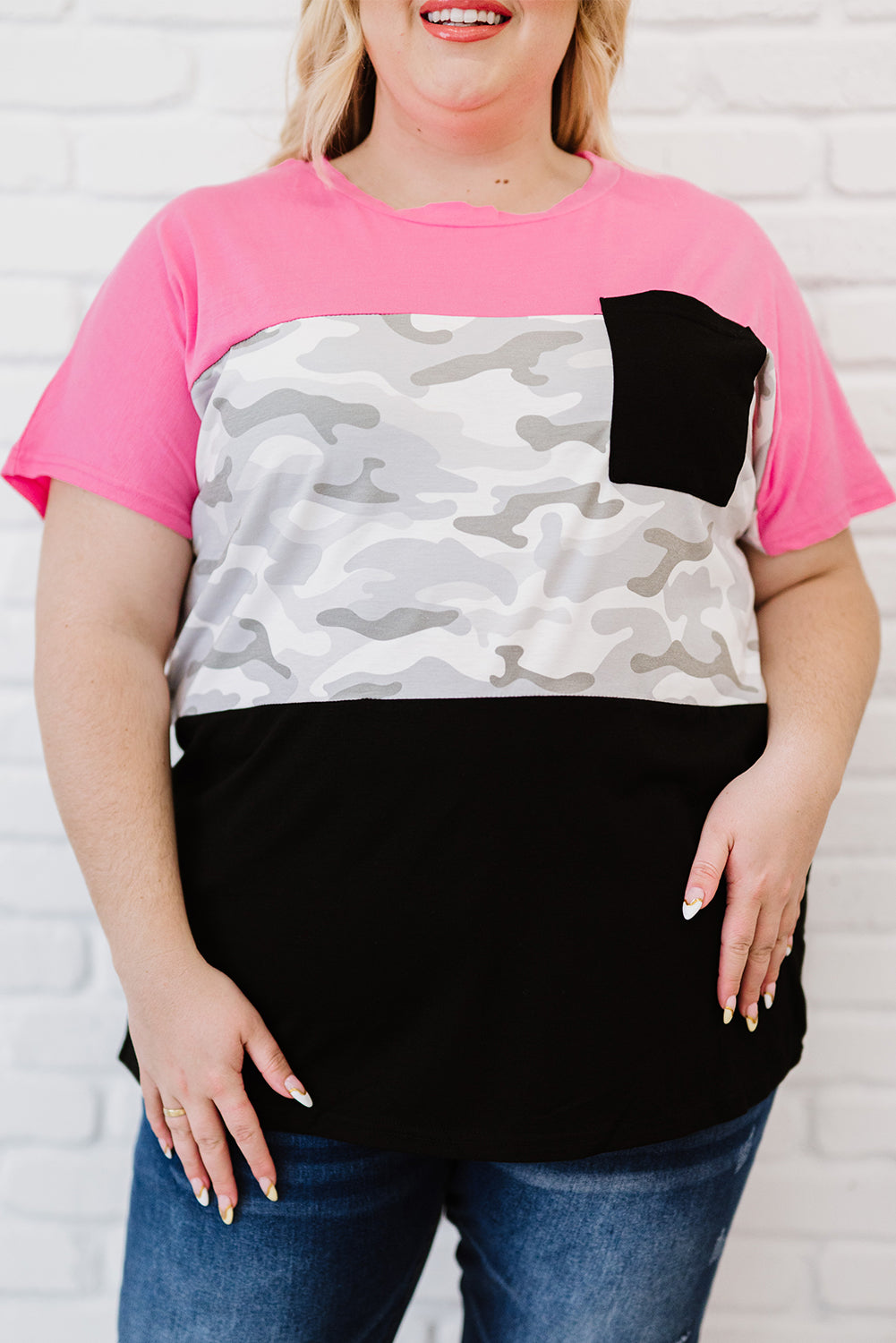 Rose Camouflage Insert Colorblock Splicing Plus Size Top featuring neon pink accents and a stylish design, perfect for casual wear.