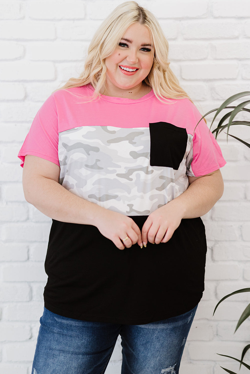 Rose Camouflage Insert Colorblock Splicing Plus Size Top featuring neon pink accents and a stylish design, perfect for casual wear.