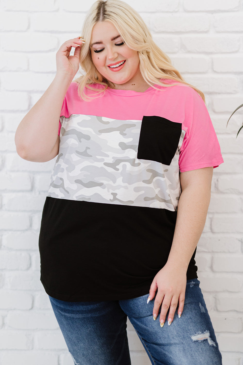 Rose Camouflage Insert Colorblock Splicing Plus Size Top featuring neon pink accents and a stylish design, perfect for casual wear.