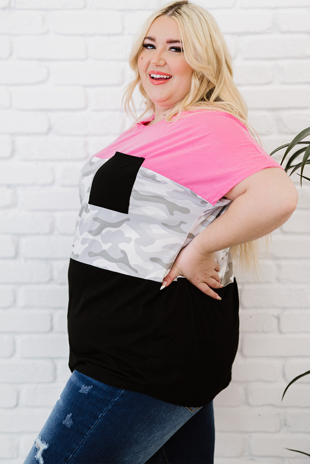 Rose Camouflage Insert Colorblock Splicing Plus Size Top featuring neon pink accents and a stylish design, perfect for casual wear.