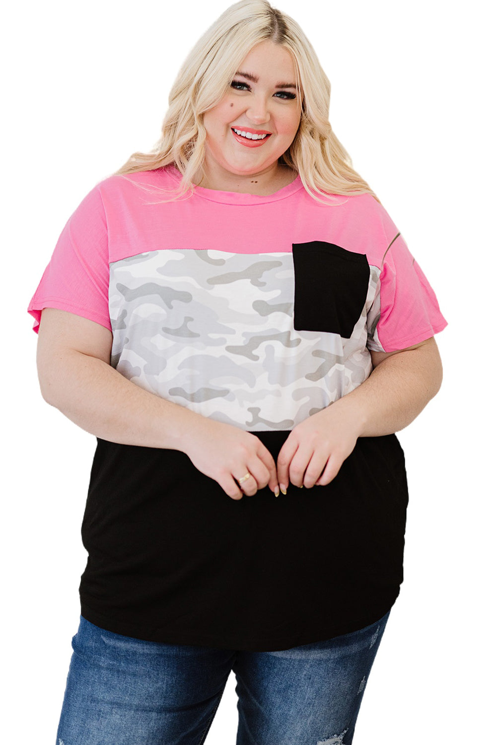 Rose Camouflage Insert Colorblock Splicing Plus Size Top featuring neon pink accents and a stylish design, perfect for casual wear.