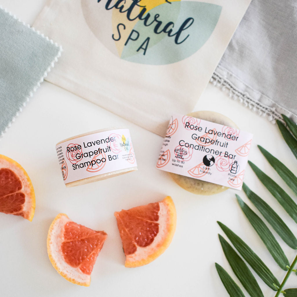 Rose Lavender Grapefruit Shampoo and Conditioner Bar set, featuring eco-friendly solid bars in vibrant colors with natural ingredients.