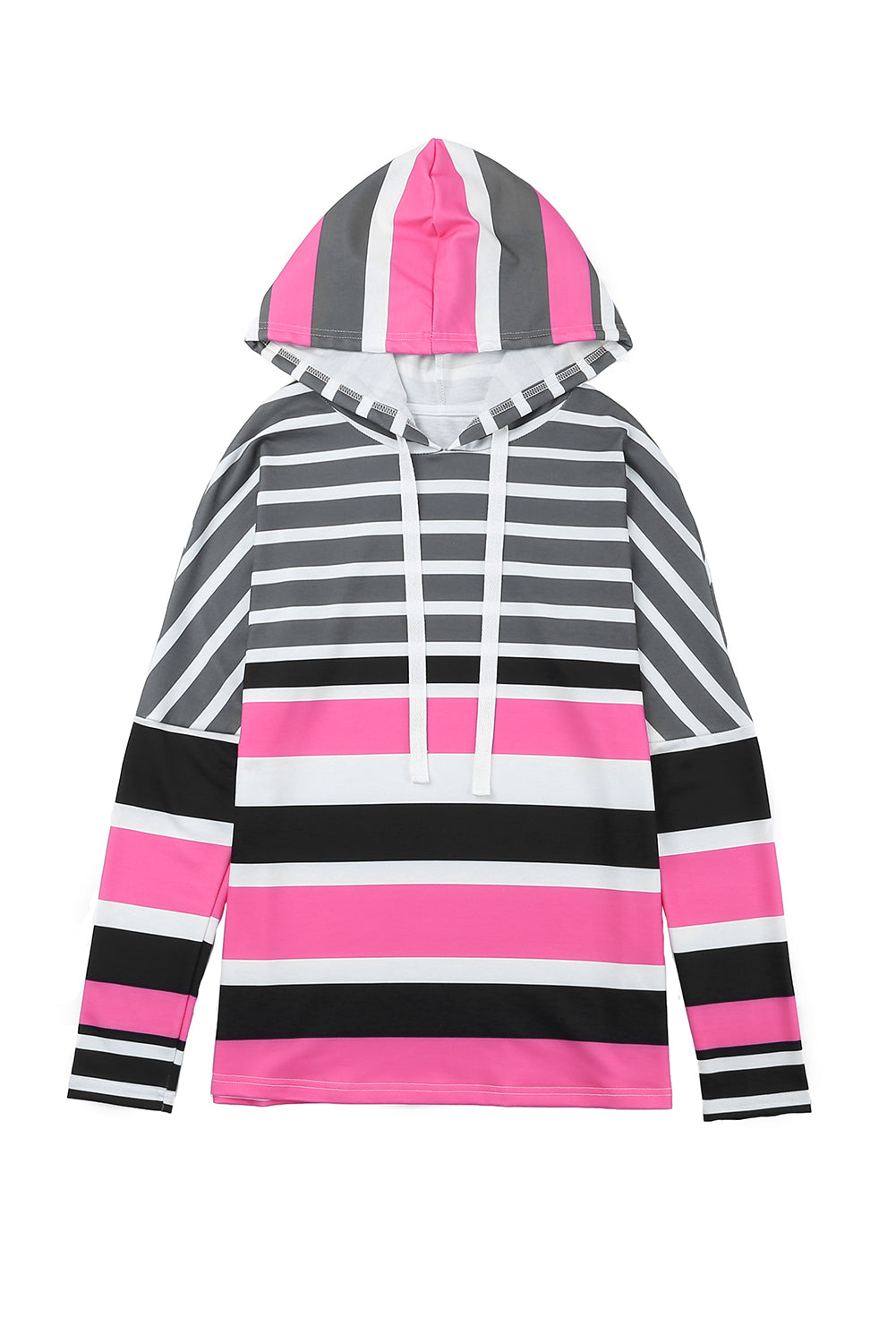 Rose Multi Striped Drawstring Long Sleeve Hoodie featuring a trendy striped pattern and color block design, perfect for casual wear.